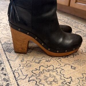 Kork-Ease Black Leather Platform Clog Ankle Boots with Wood Heel